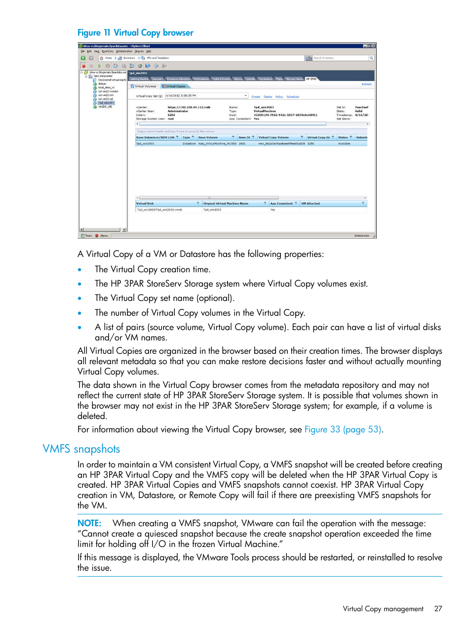 Vmfs snapshots | HP 3PAR Application Software Suite for VMware Licenses User Manual | Page 27 / 117