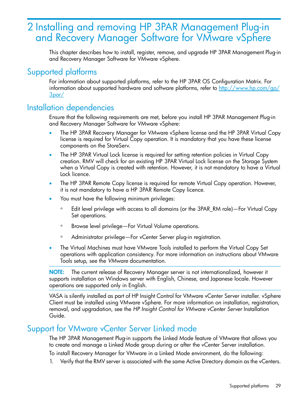 Supported platforms, Installation dependencies, Support for vmware vcenter server linked mode | HP 3PAR Application Software Suite for VMware Licenses User Manual | Page 29 / 117