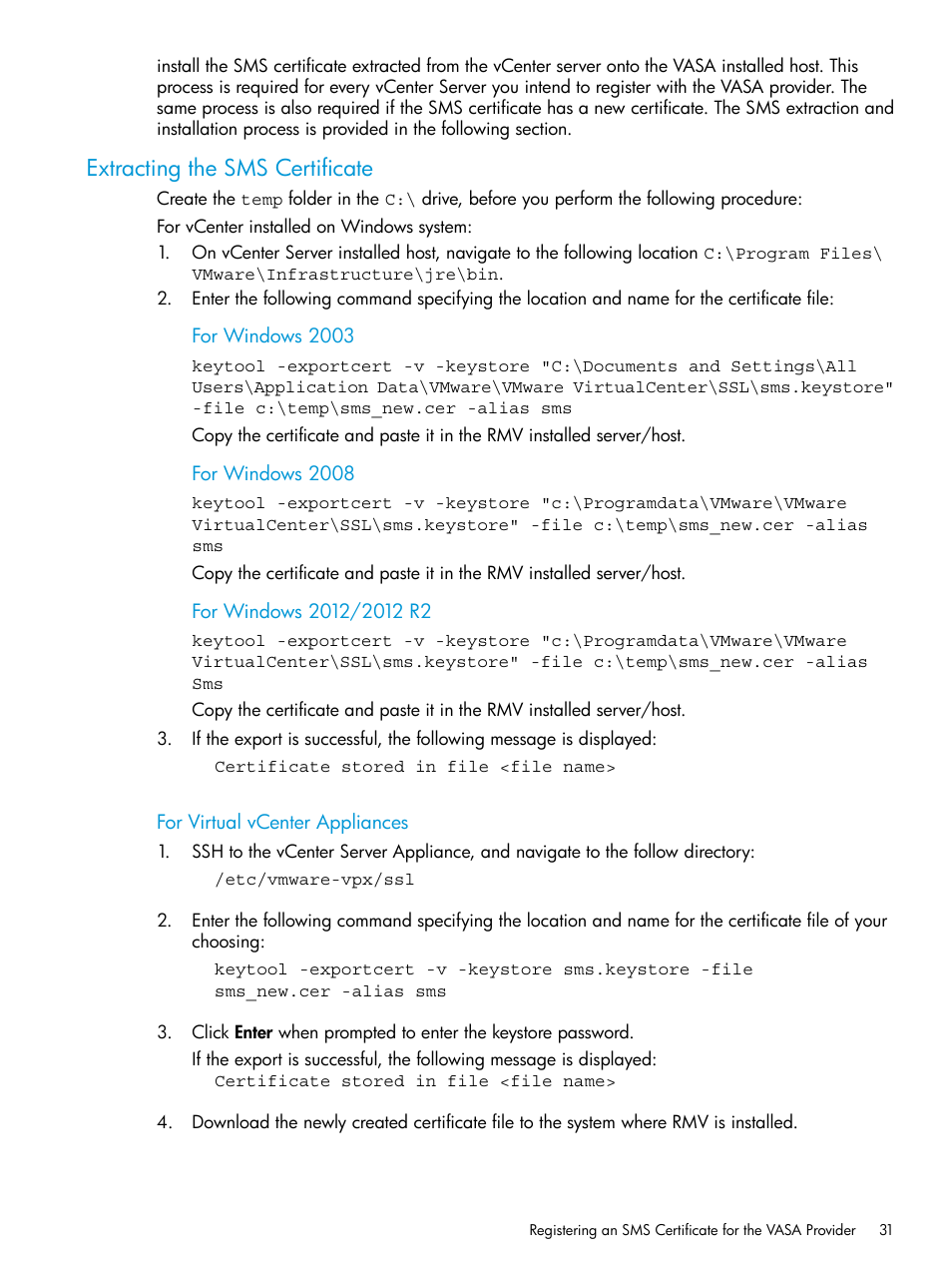 Extracting the sms certificate | HP 3PAR Application Software Suite for VMware Licenses User Manual | Page 31 / 117