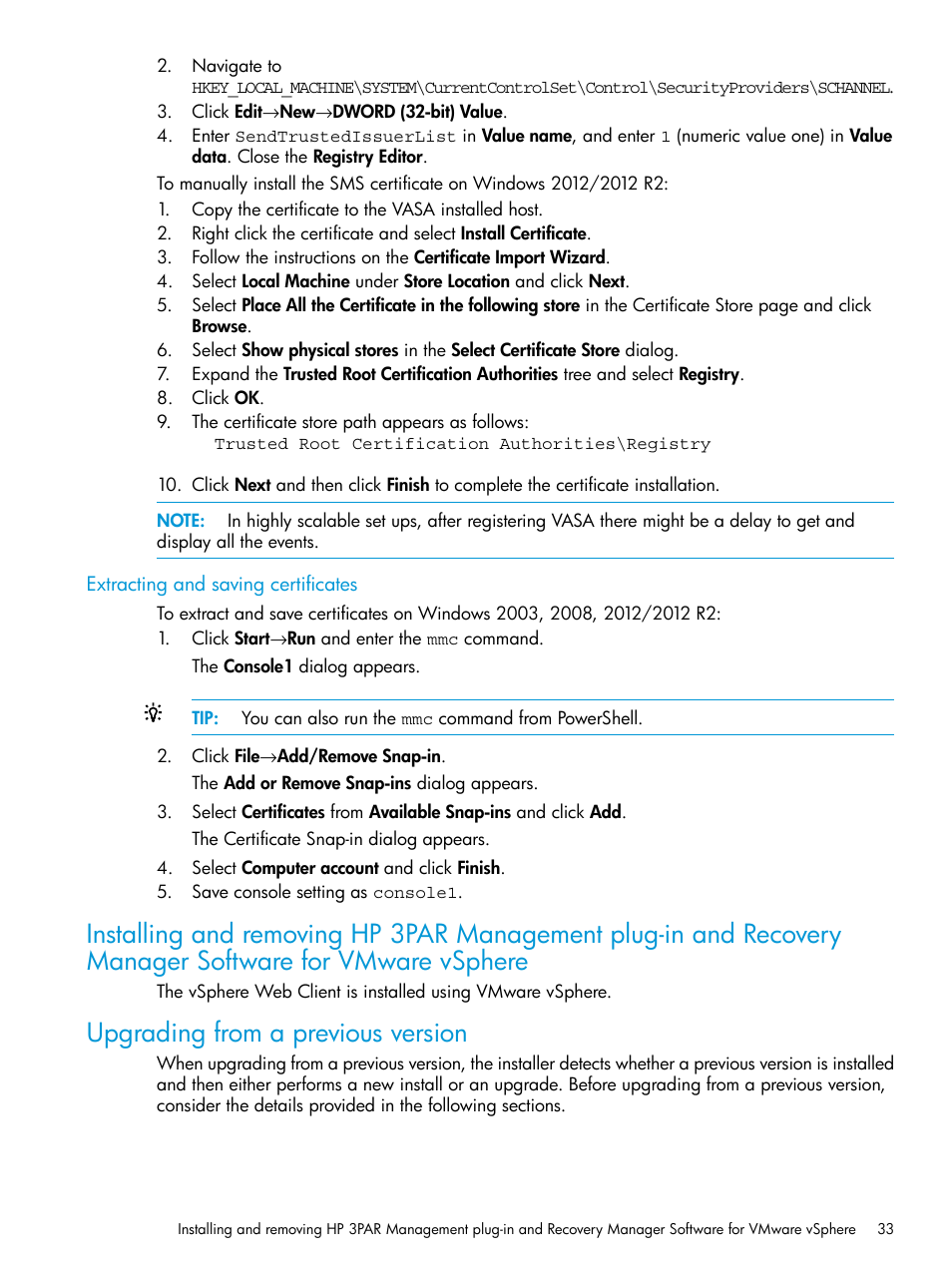 Extracting and saving certificates, Upgrading from a previous version | HP 3PAR Application Software Suite for VMware Licenses User Manual | Page 33 / 117