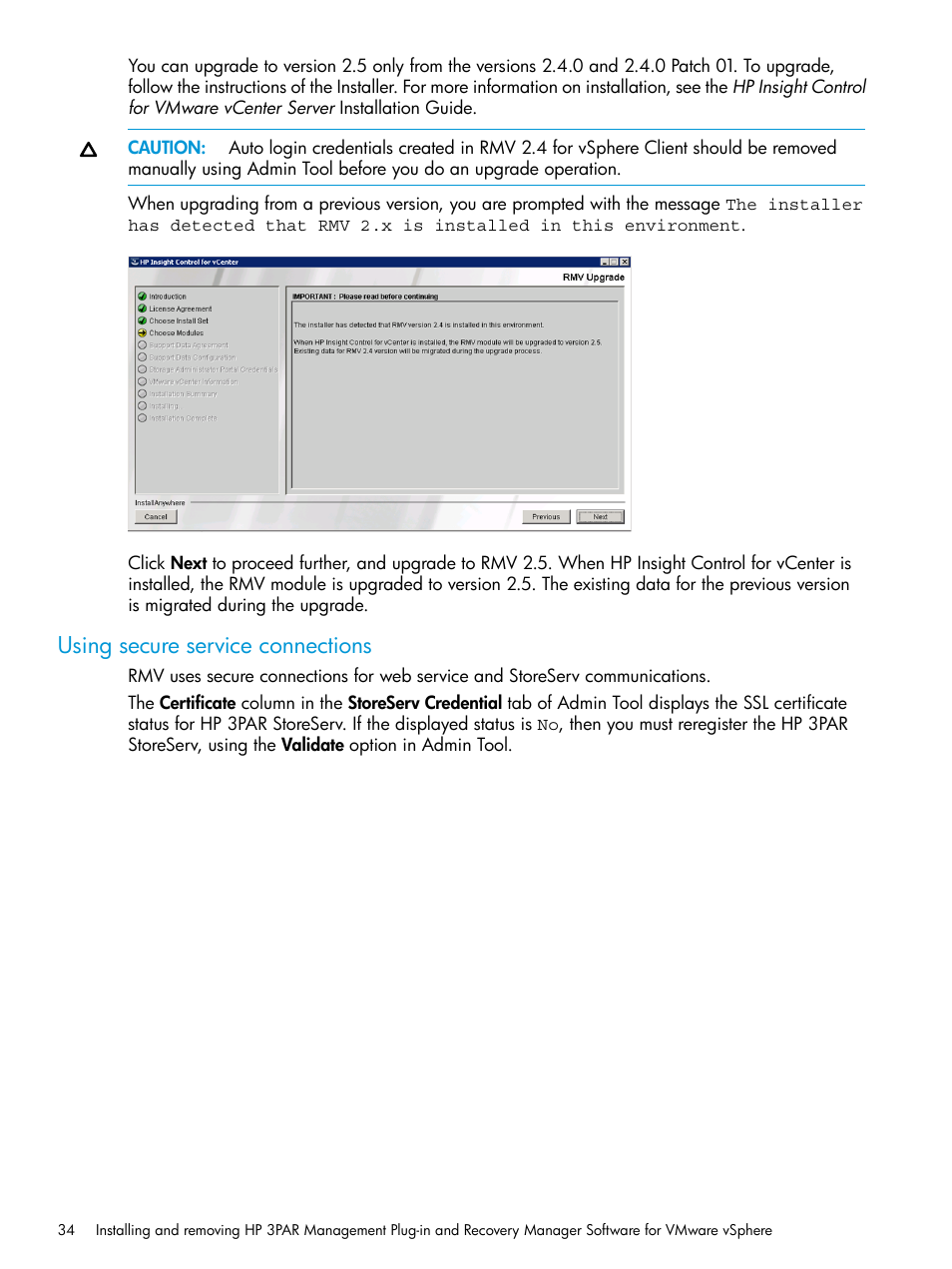 Using secure service connections | HP 3PAR Application Software Suite for VMware Licenses User Manual | Page 34 / 117