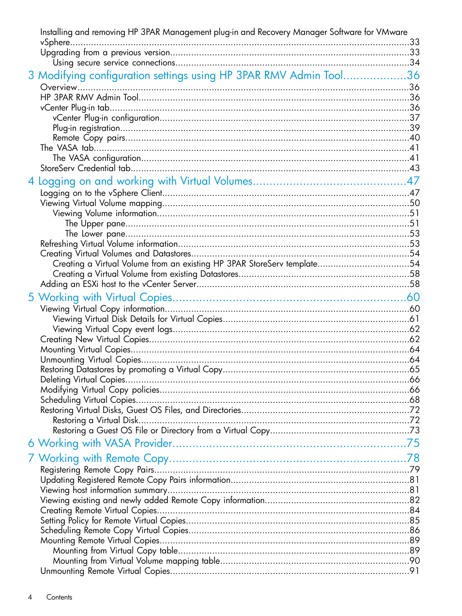 4 logging on and working with virtual volumes, 5 working with virtual copies | HP 3PAR Application Software Suite for VMware Licenses User Manual | Page 4 / 117