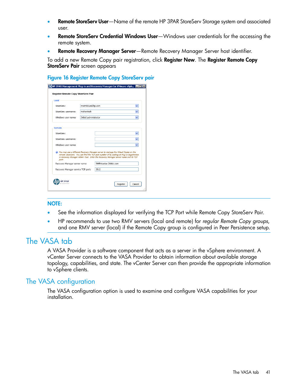 The vasa tab, The vasa configuration | HP 3PAR Application Software Suite for VMware Licenses User Manual | Page 41 / 117