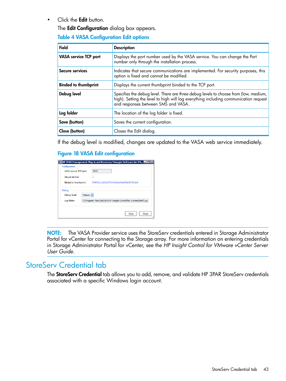 Storeserv credential tab | HP 3PAR Application Software Suite for VMware Licenses User Manual | Page 43 / 117