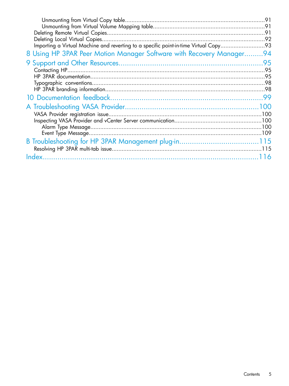 B troubleshooting for hp 3par management plug-in, Index | HP 3PAR Application Software Suite for VMware Licenses User Manual | Page 5 / 117