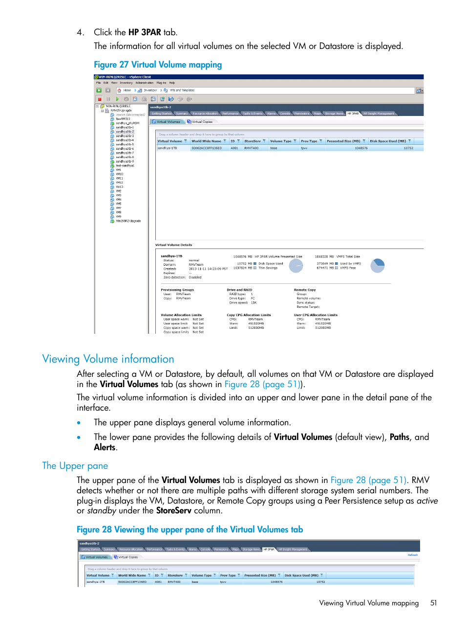 Viewing volume information, The upper pane | HP 3PAR Application Software Suite for VMware Licenses User Manual | Page 51 / 117