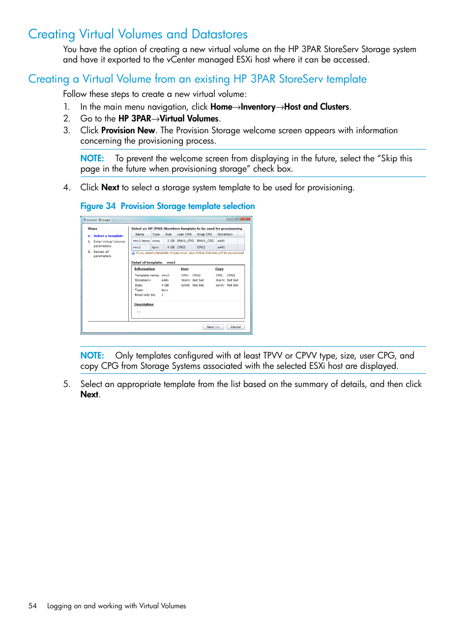 Creating virtual volumes and datastores, Creating a | HP 3PAR Application Software Suite for VMware Licenses User Manual | Page 54 / 117