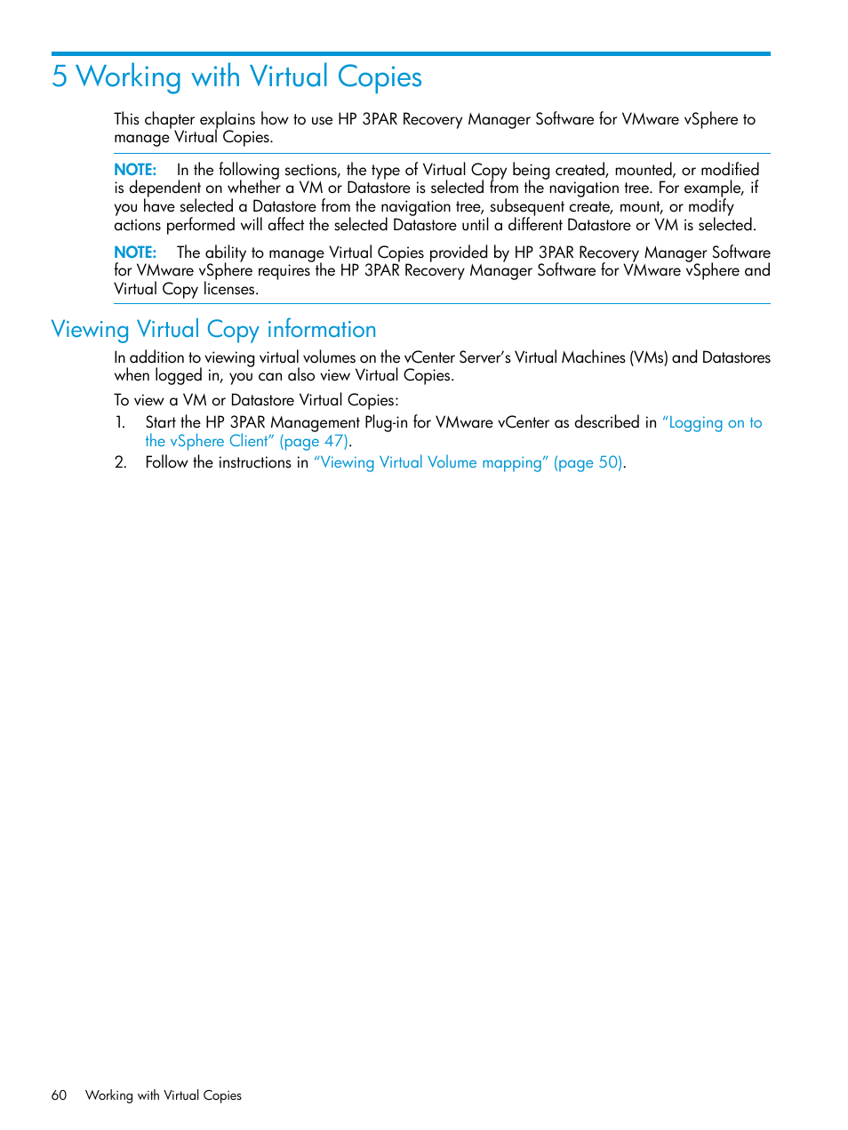 5 working with virtual copies, Viewing virtual copy information | HP 3PAR Application Software Suite for VMware Licenses User Manual | Page 60 / 117
