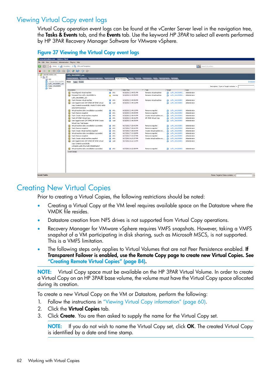 Viewing virtual copy event logs, Creating new virtual copies | HP 3PAR Application Software Suite for VMware Licenses User Manual | Page 62 / 117