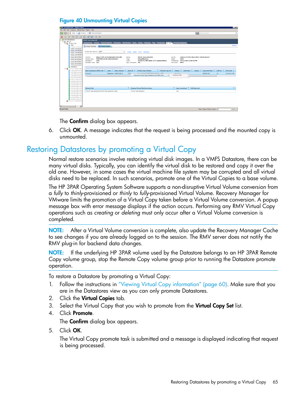 Restoring datastores by promoting a virtual copy | HP 3PAR Application Software Suite for VMware Licenses User Manual | Page 65 / 117