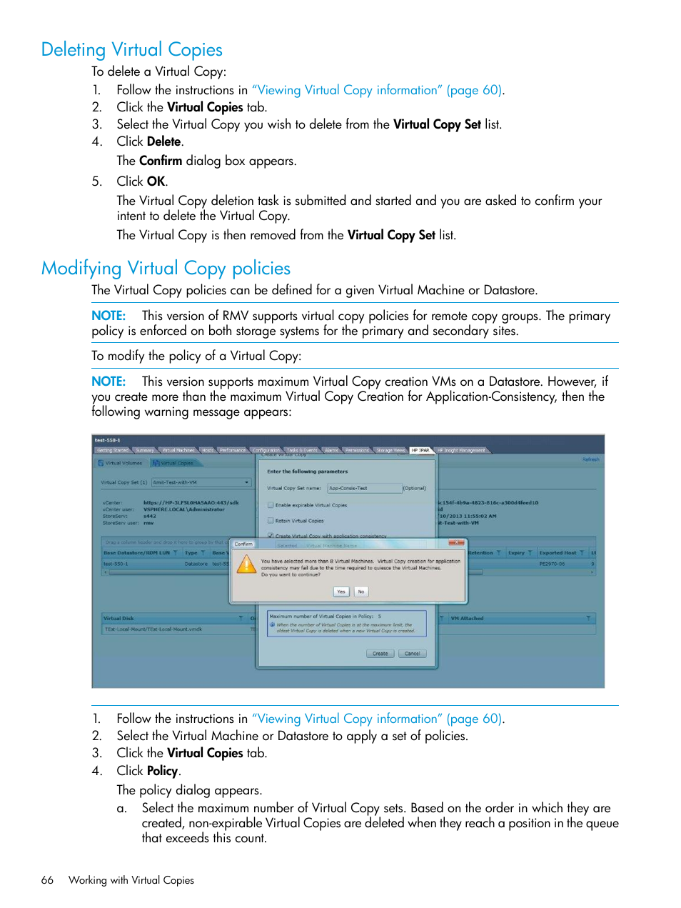 Deleting virtual copies, Modifying virtual copy policies | HP 3PAR Application Software Suite for VMware Licenses User Manual | Page 66 / 117