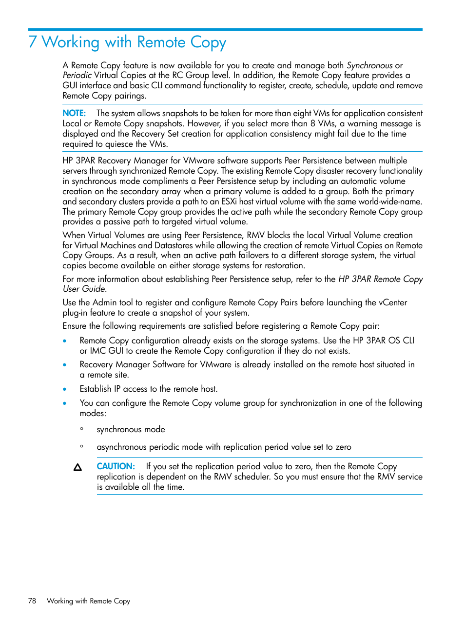 7 working with remote copy | HP 3PAR Application Software Suite for VMware Licenses User Manual | Page 78 / 117