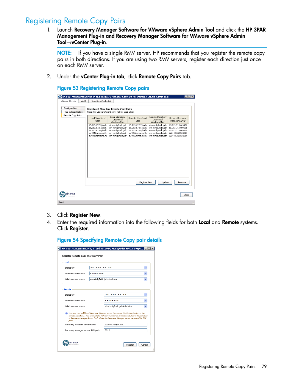 Registering remote copy pairs | HP 3PAR Application Software Suite for VMware Licenses User Manual | Page 79 / 117
