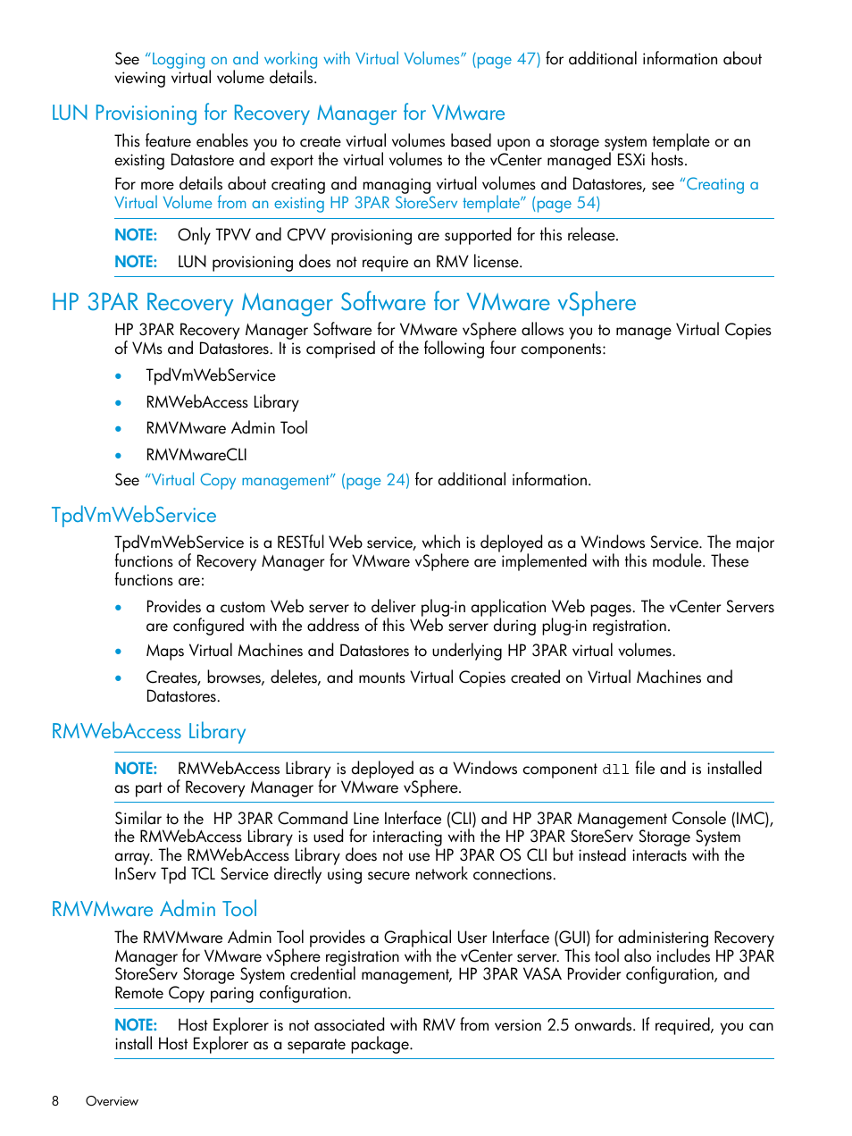 Lun provisioning for recovery manager for vmware, Tpdvmwebservice, Rmwebaccess library | Rmvmware admin tool | HP 3PAR Application Software Suite for VMware Licenses User Manual | Page 8 / 117