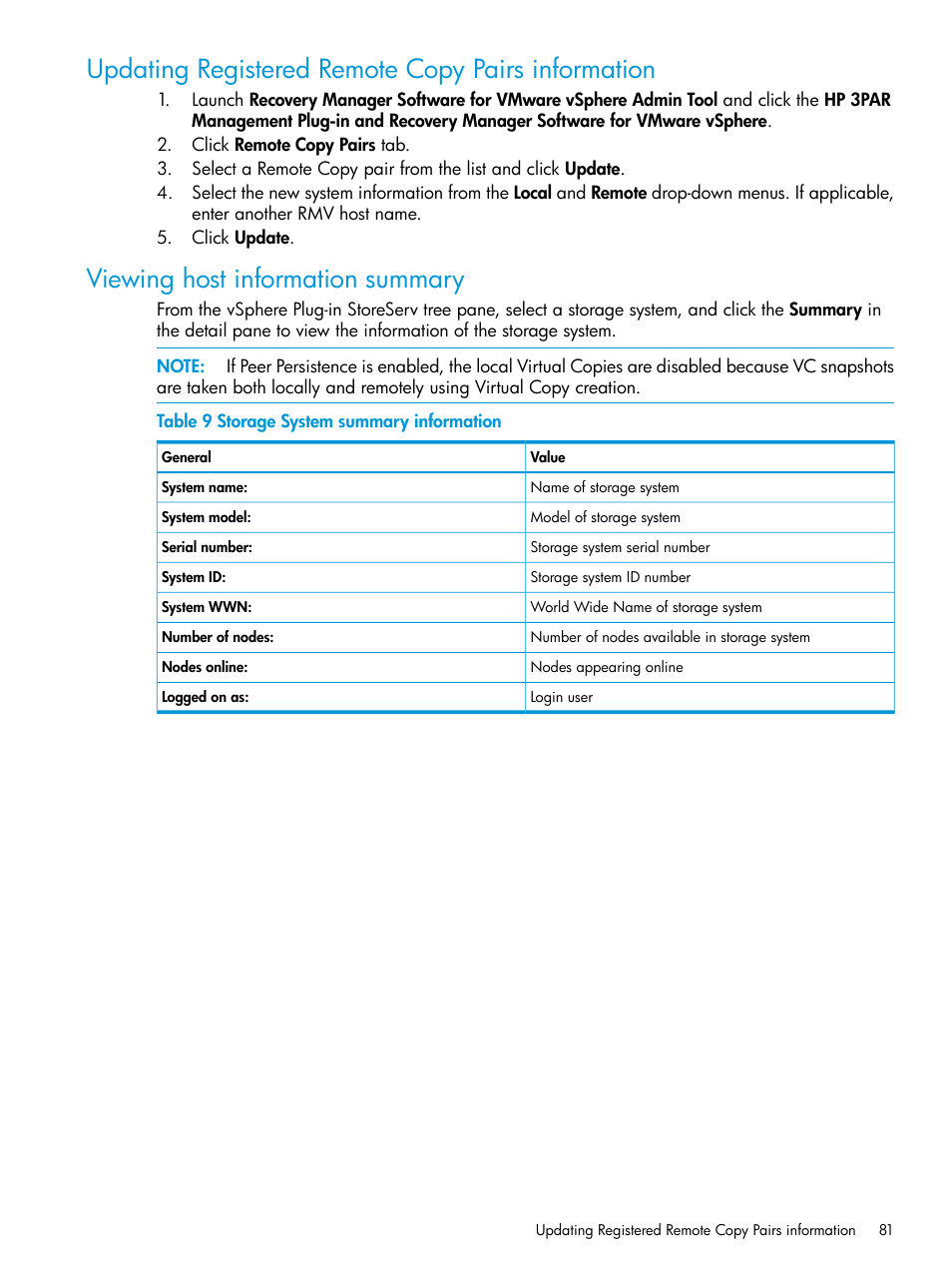 Updating registered remote copy pairs information, Viewing host information summary | HP 3PAR Application Software Suite for VMware Licenses User Manual | Page 81 / 117