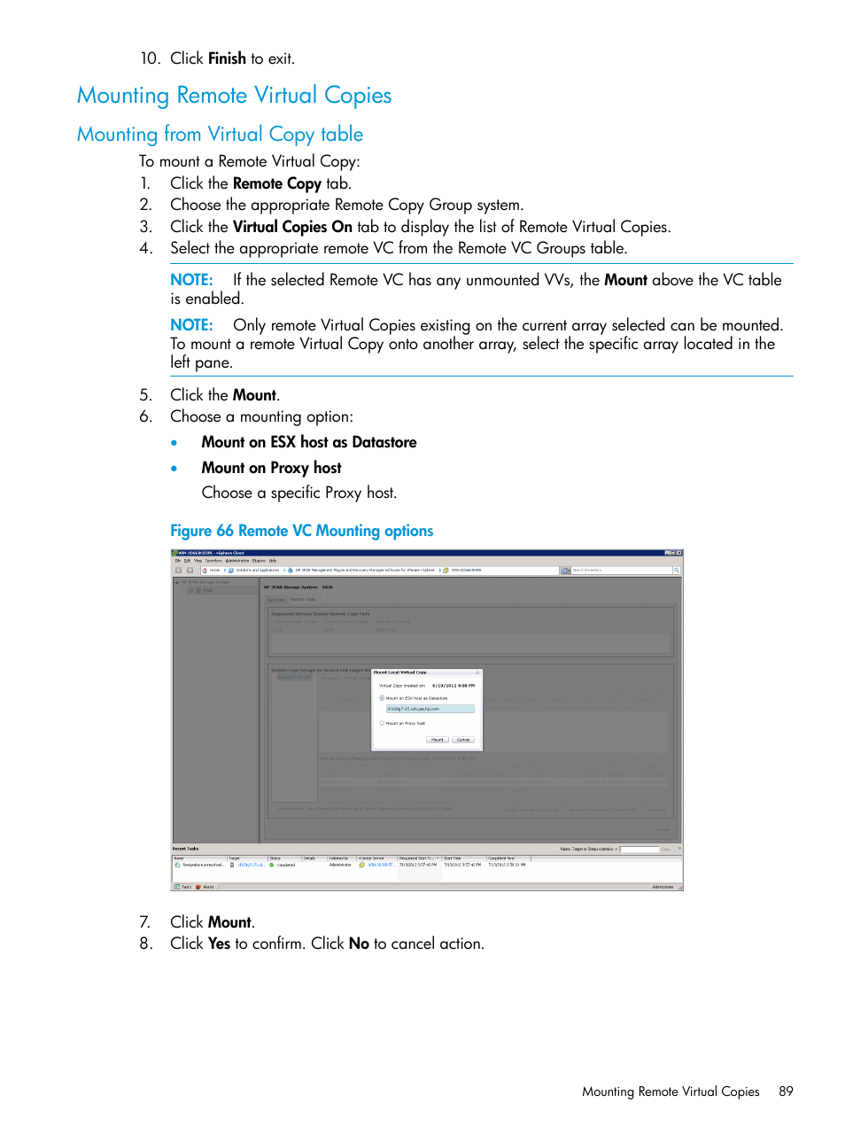 Mounting remote virtual copies, Mounting from virtual copy table | HP 3PAR Application Software Suite for VMware Licenses User Manual | Page 89 / 117