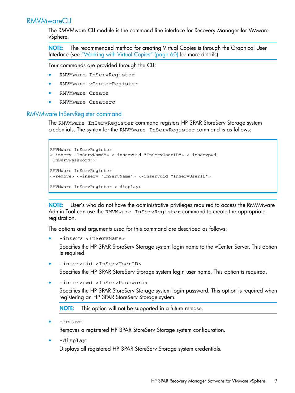 Rmvmwarecli, Rmvmware inservregister command | HP 3PAR Application Software Suite for VMware Licenses User Manual | Page 9 / 117