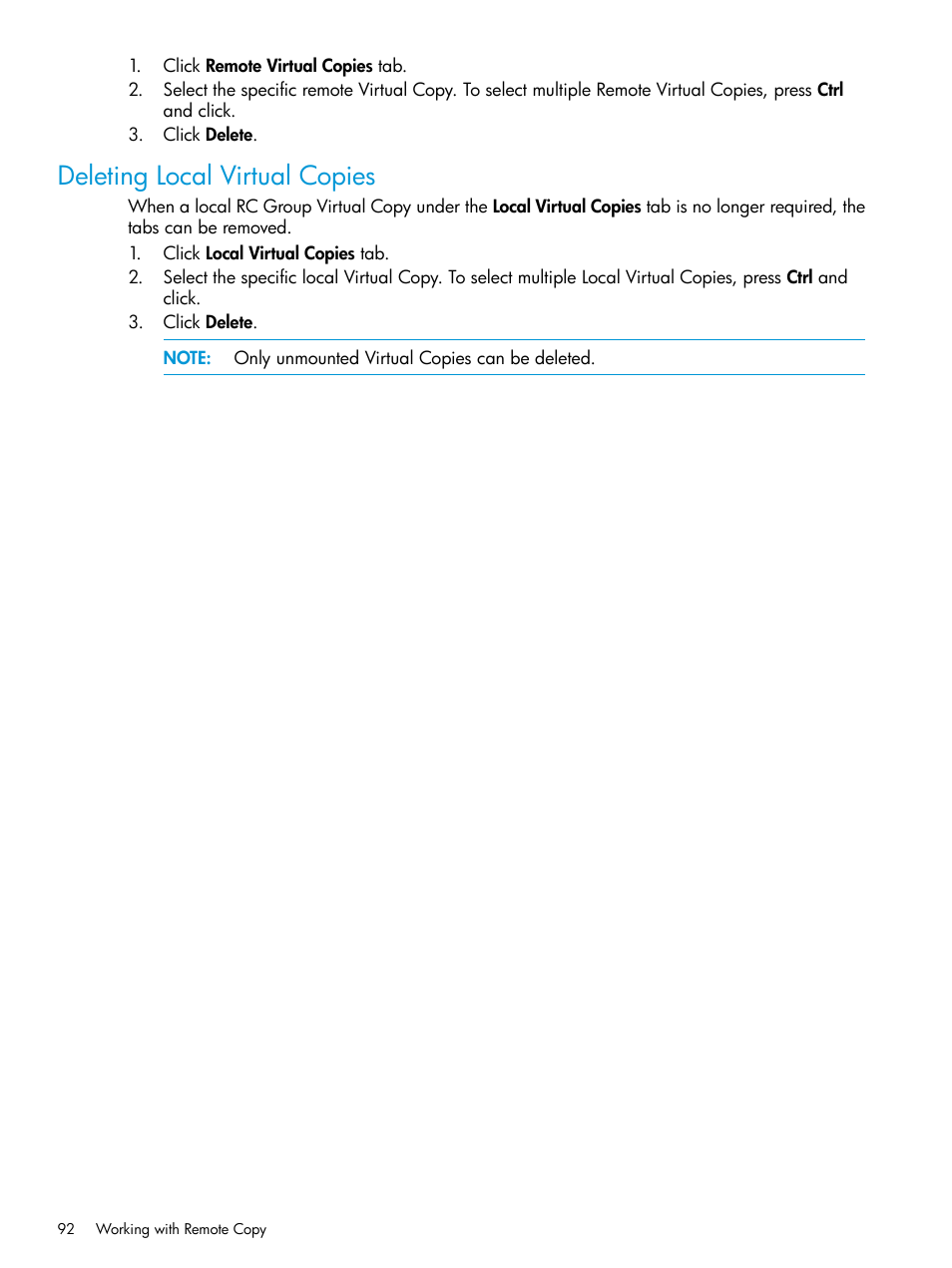 Deleting local virtual copies | HP 3PAR Application Software Suite for VMware Licenses User Manual | Page 92 / 117