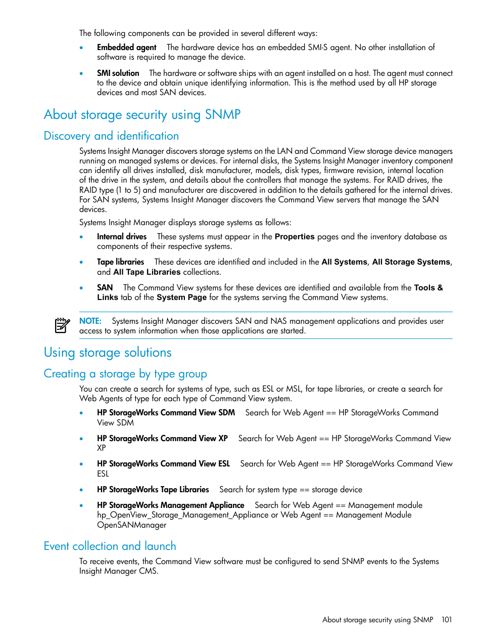 About storage security using snmp, Discovery and identification, Using storage solutions | Creating a storage by type group, Event collection and launch | HP Systems Insight Manager User Manual | Page 101 / 187