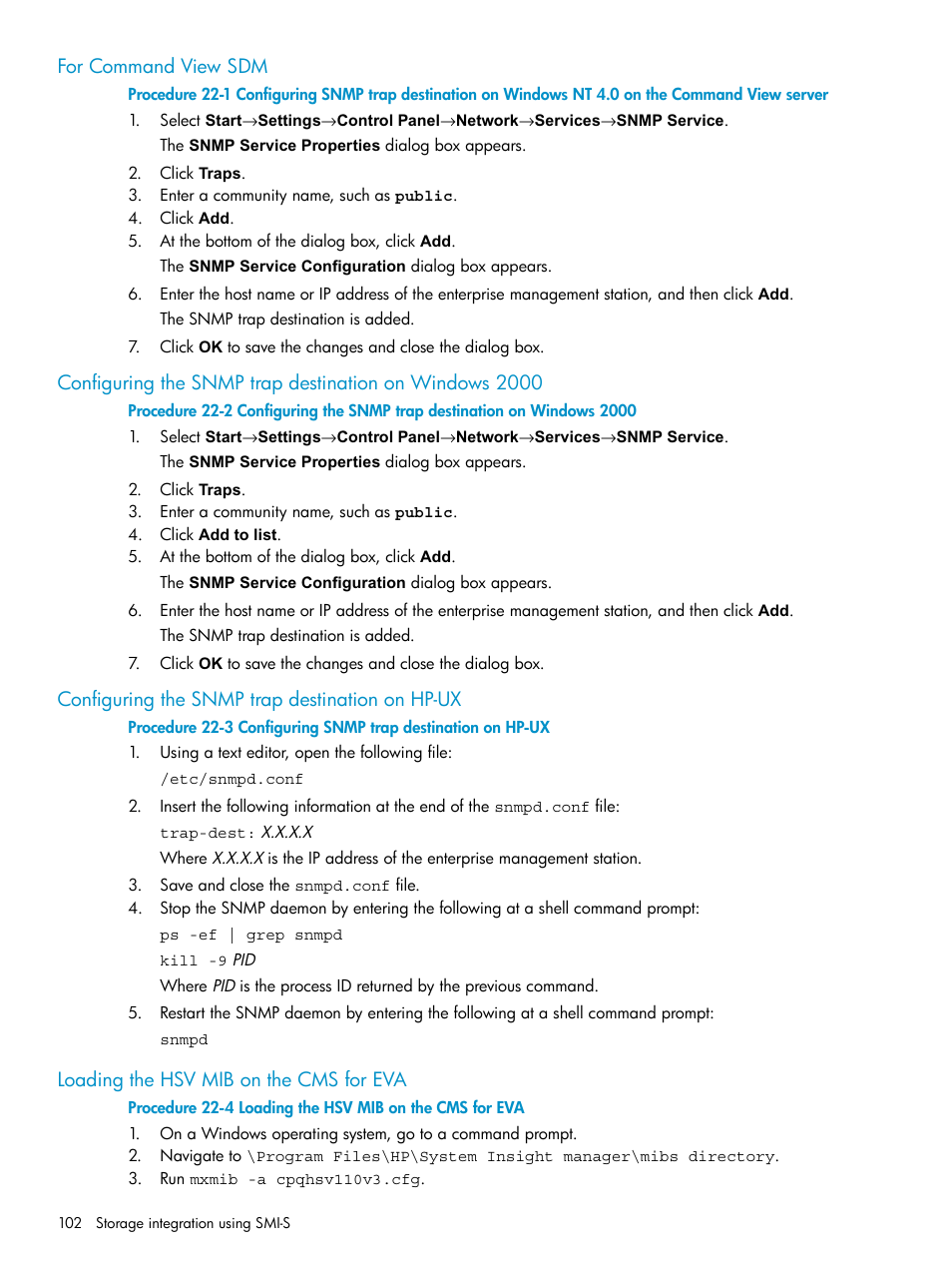 For command view sdm, Configuring the snmp trap destination on hp-ux, Loading the hsv mib on the cms for eva | HP Systems Insight Manager User Manual | Page 102 / 187