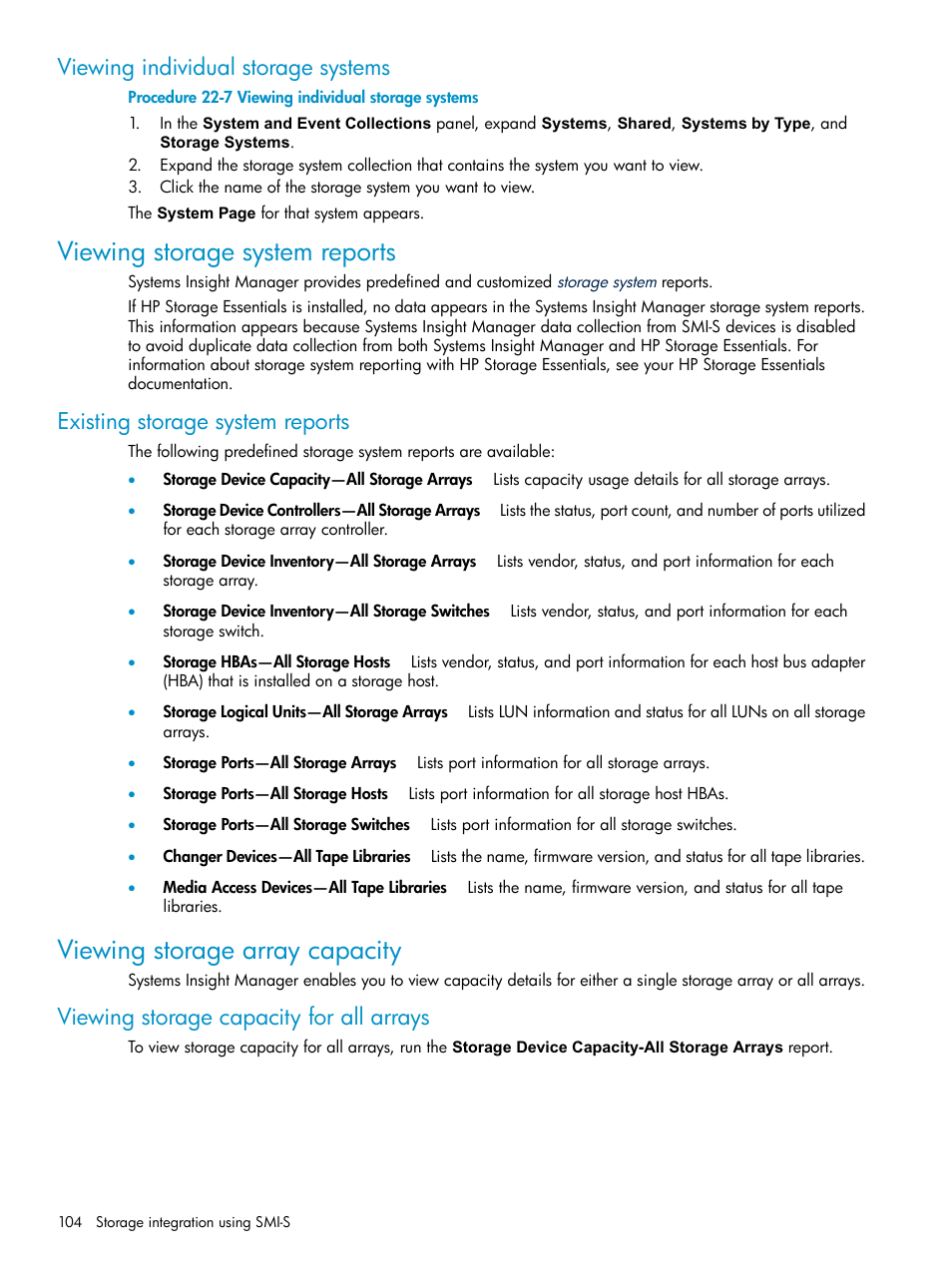 Viewing individual storage systems, Viewing storage system reports, Existing storage system reports | Viewing storage array capacity, Viewing storage capacity for all arrays | HP Systems Insight Manager User Manual | Page 104 / 187