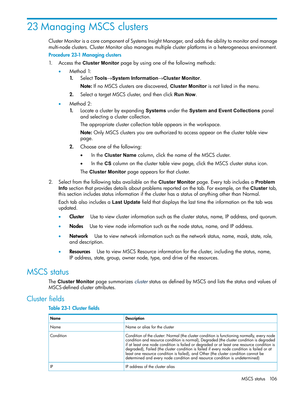 23 managing mscs clusters, Mscs status, Cluster fields | HP Systems Insight Manager User Manual | Page 106 / 187
