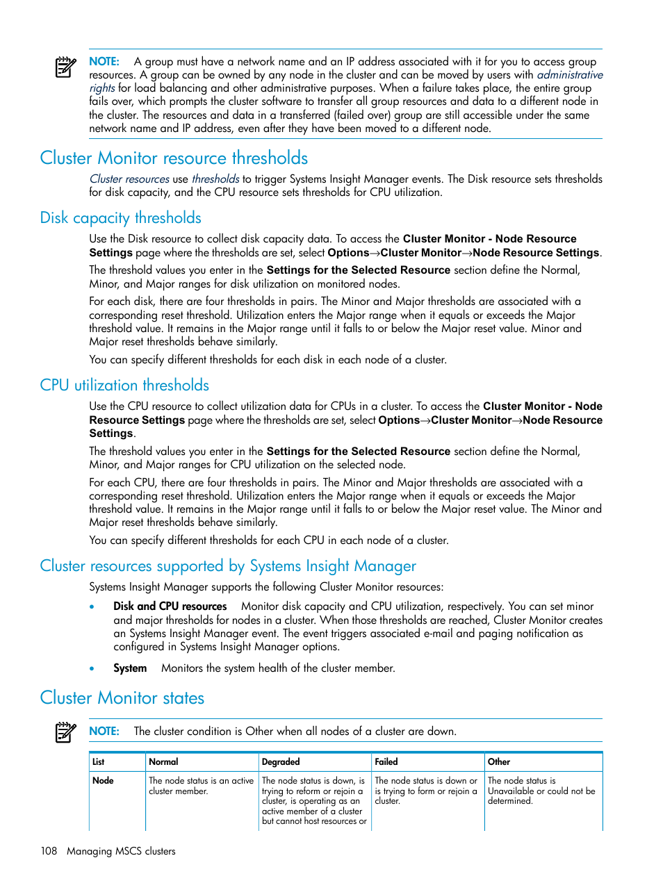 Cluster monitor resource thresholds, Disk capacity thresholds, Cpu utilization thresholds | Cluster monitor states | HP Systems Insight Manager User Manual | Page 108 / 187