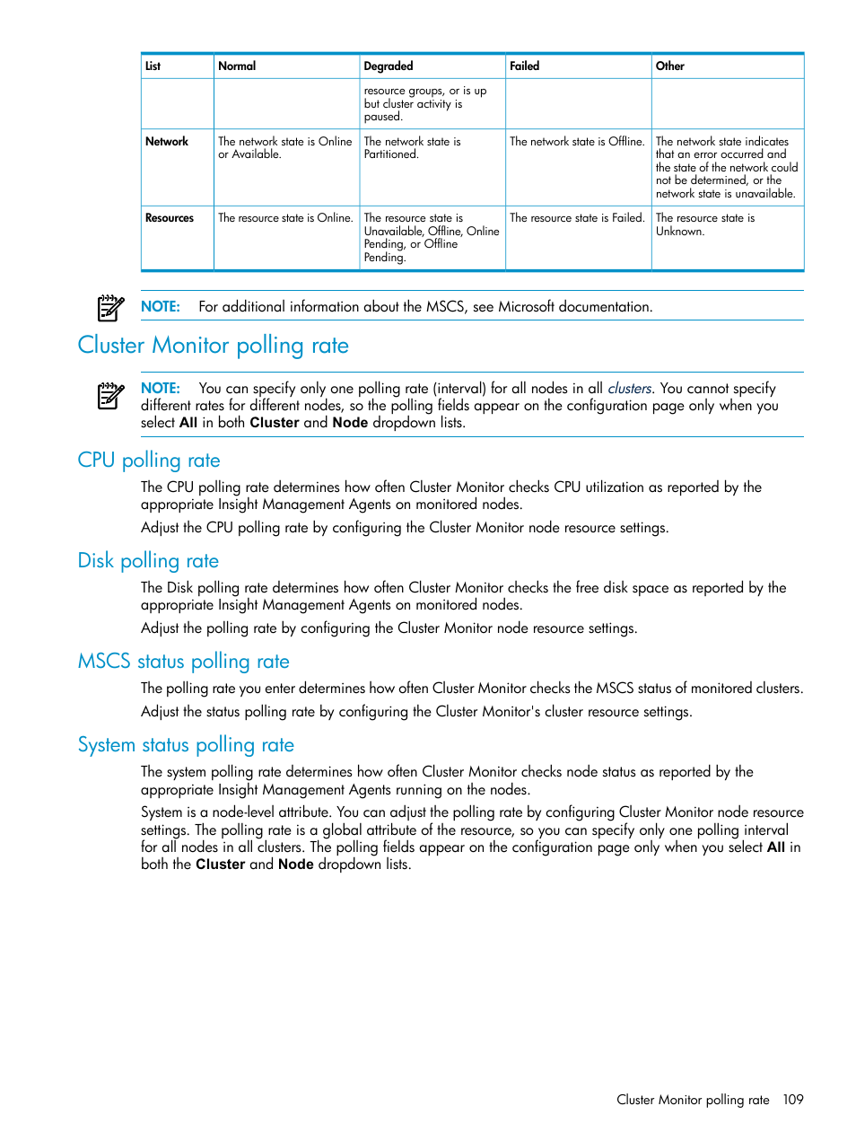 Cluster monitor polling rate, Cpu polling rate, Disk polling rate | Mscs status polling rate, System status polling rate | HP Systems Insight Manager User Manual | Page 109 / 187