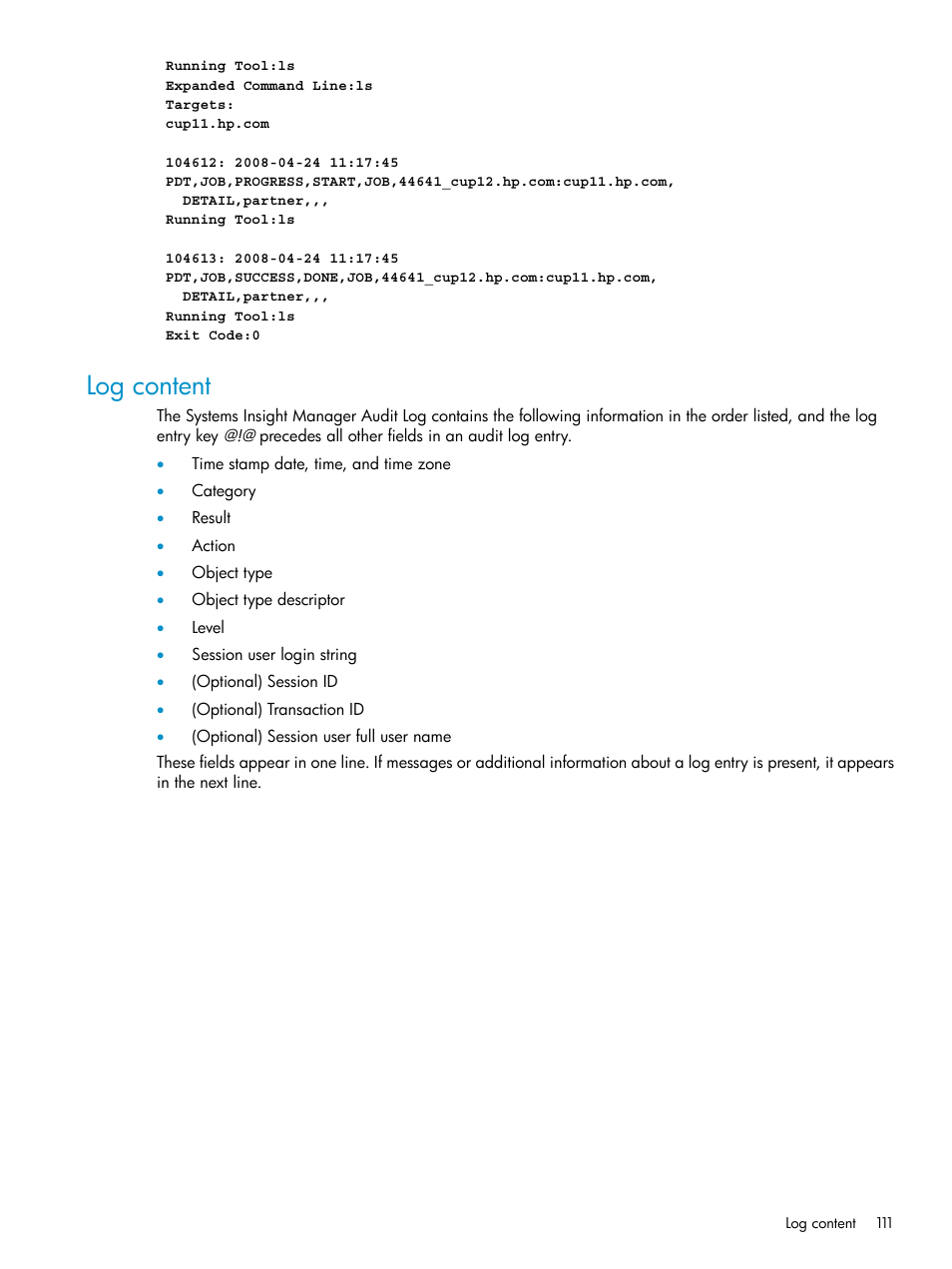 Log content | HP Systems Insight Manager User Manual | Page 111 / 187