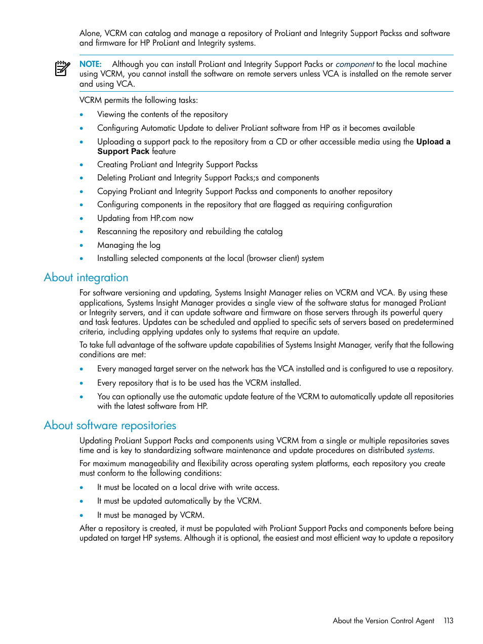 About integration, About software repositories, About integration about software repositories | HP Systems Insight Manager User Manual | Page 113 / 187