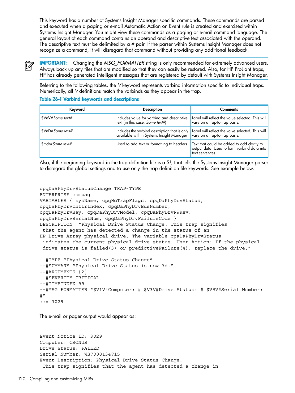Varbind keywords and descriptions | HP Systems Insight Manager User Manual | Page 120 / 187