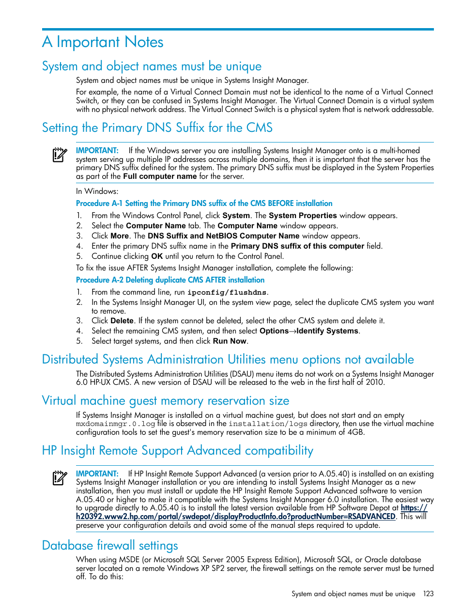 A important notes, System and object names must be unique, Setting the primary dns suffix for the cms | Virtual machine guest memory reservation size, Hp insight remote support advanced compatibility, Database firewall settings | HP Systems Insight Manager User Manual | Page 123 / 187