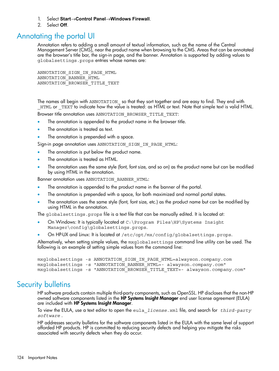 Annotating the portal ui, Security bulletins | HP Systems Insight Manager User Manual | Page 124 / 187