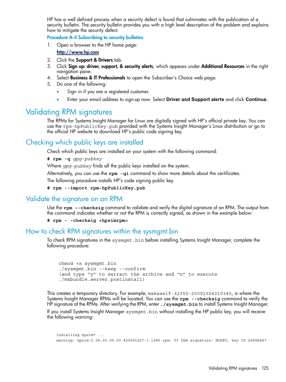 Validating rpm signatures, Checking which public keys are installed, Validate the signature on an rpm | How to check rpm signatures within the sysmgmt.bin | HP Systems Insight Manager User Manual | Page 125 / 187