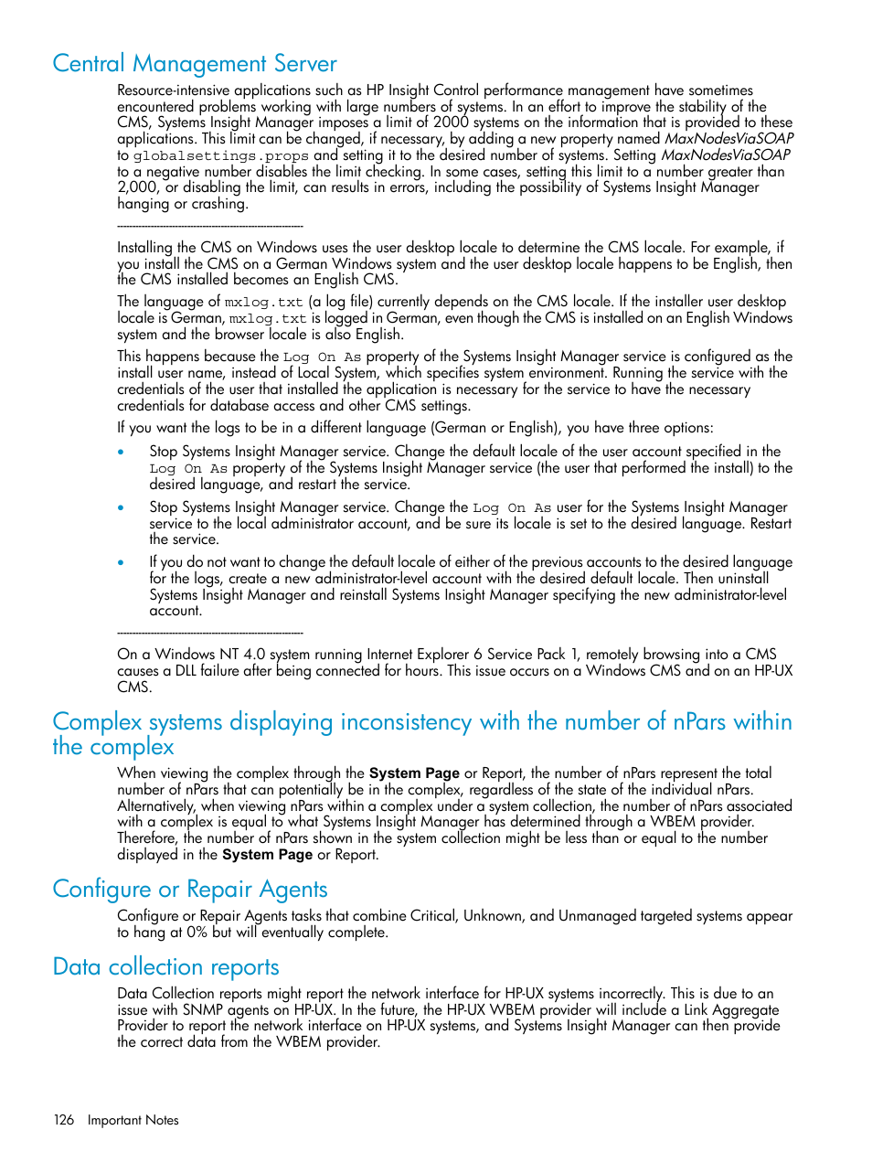 Central management server, Configure or repair agents, Data collection reports | HP Systems Insight Manager User Manual | Page 126 / 187