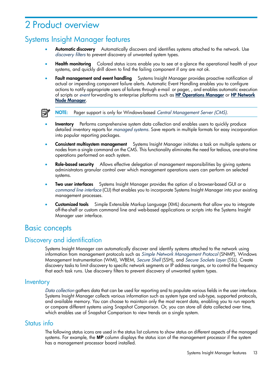 2 product overview, Systems insight manager features, Basic concepts | Discovery and identification, Inventory, Status info, Systems insight manager features basic concepts, Discovery and identification inventory status info | HP Systems Insight Manager User Manual | Page 13 / 187