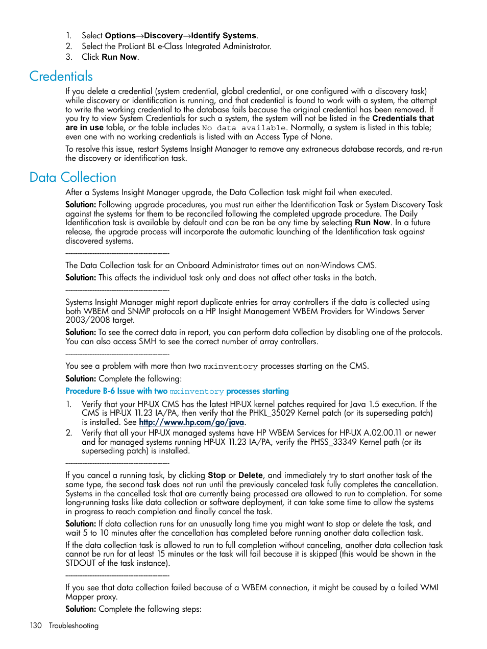 Credentials, Data collection, Credentials data collection | HP Systems Insight Manager User Manual | Page 130 / 187