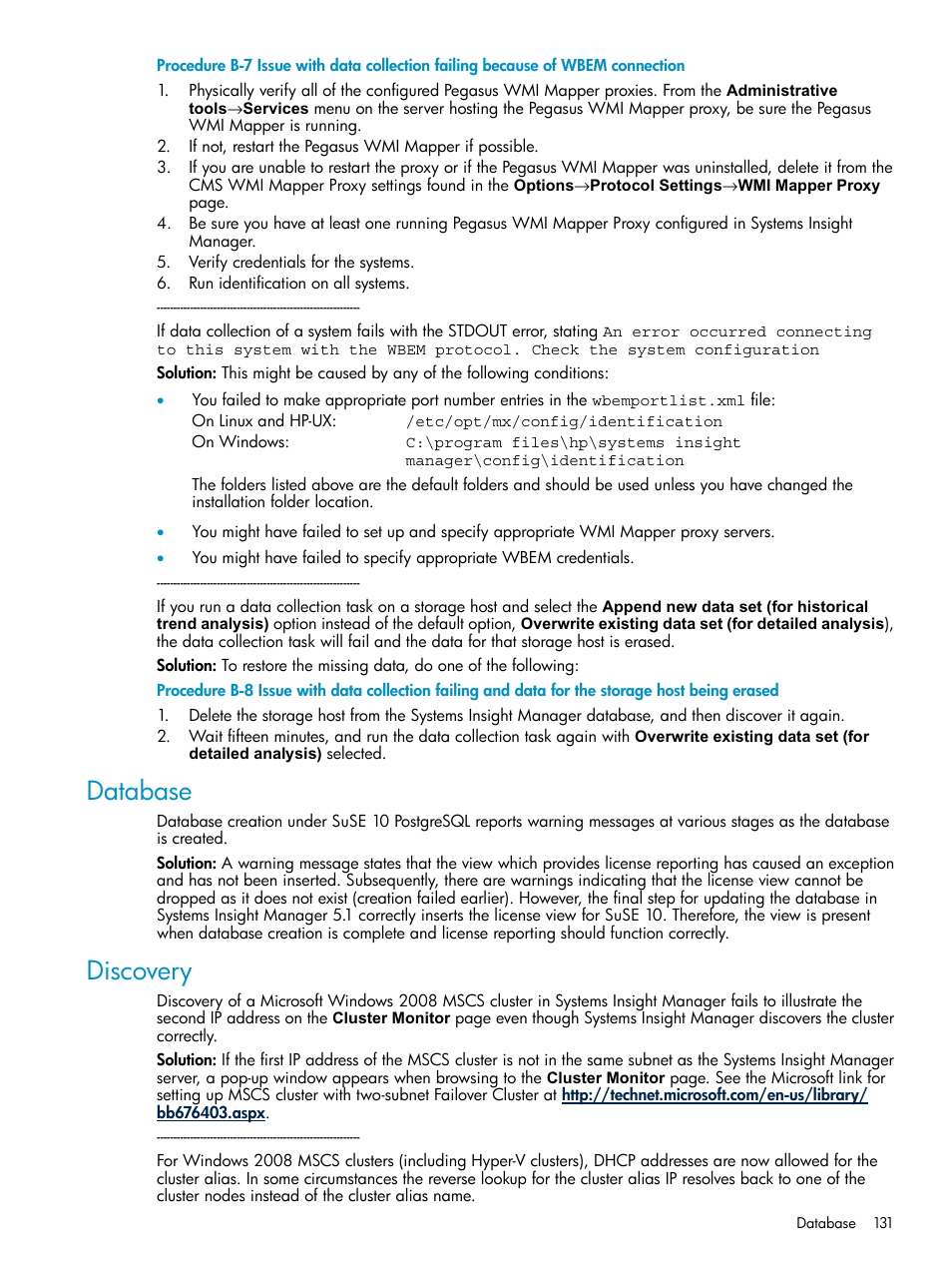 Database, Discovery, Database discovery | HP Systems Insight Manager User Manual | Page 131 / 187