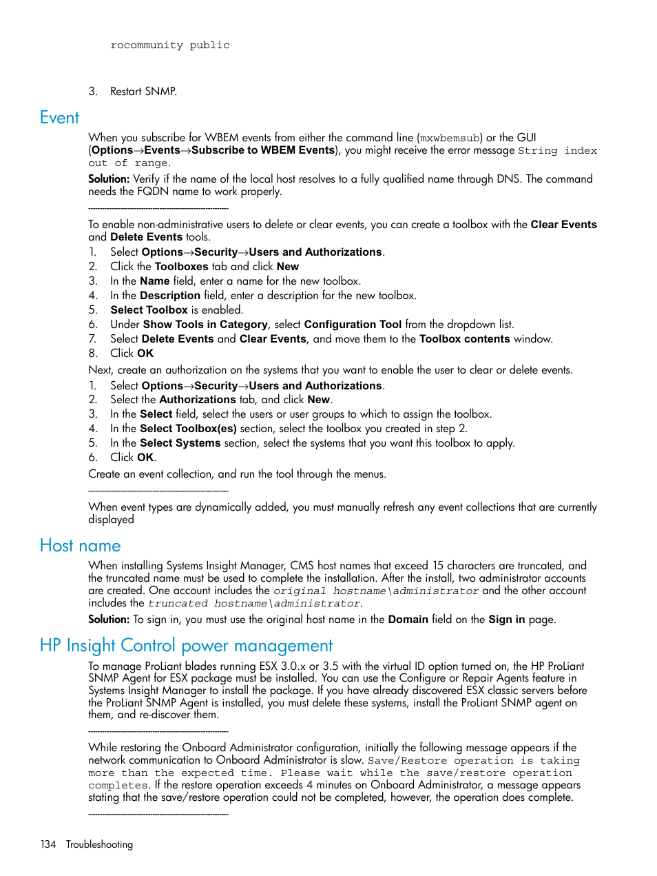 Event, Host name, Hp insight control power management | HP Systems Insight Manager User Manual | Page 134 / 187