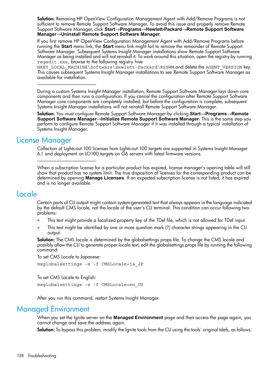 License manager, Locale, Managed environment | License manager locale managed environment | HP Systems Insight Manager User Manual | Page 138 / 187