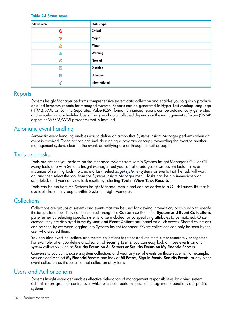 Reports, Automatic event handling, Tools and tasks | Collections, Users and authorizations, Status types | HP Systems Insight Manager User Manual | Page 14 / 187