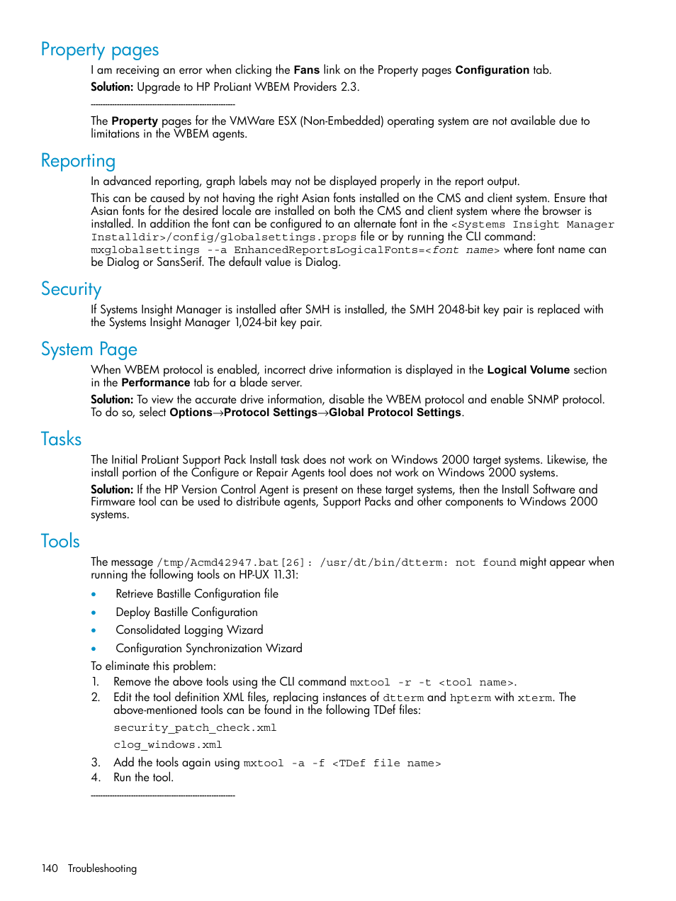 Reporting, Security, Tasks | Tools, Property pages, System page | HP Systems Insight Manager User Manual | Page 140 / 187