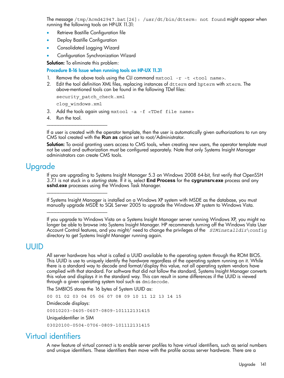 Upgrade, Uuid, Virtual identifiers | Upgrade uuid virtual identifiers | HP Systems Insight Manager User Manual | Page 141 / 187