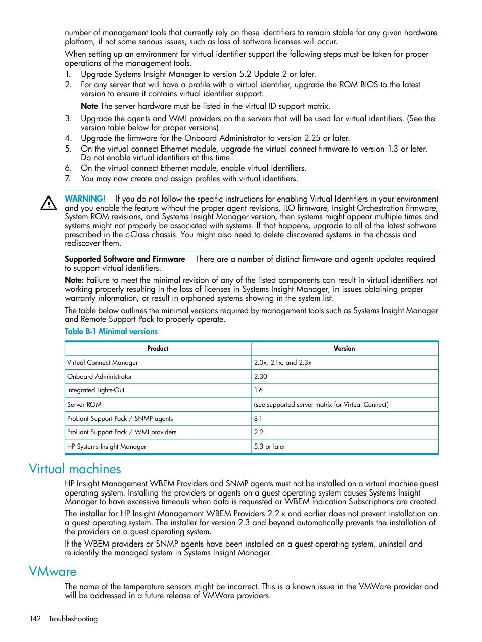 Virtual machines, Vmware, Virtual machines vmware | Minimal versions | HP Systems Insight Manager User Manual | Page 142 / 187