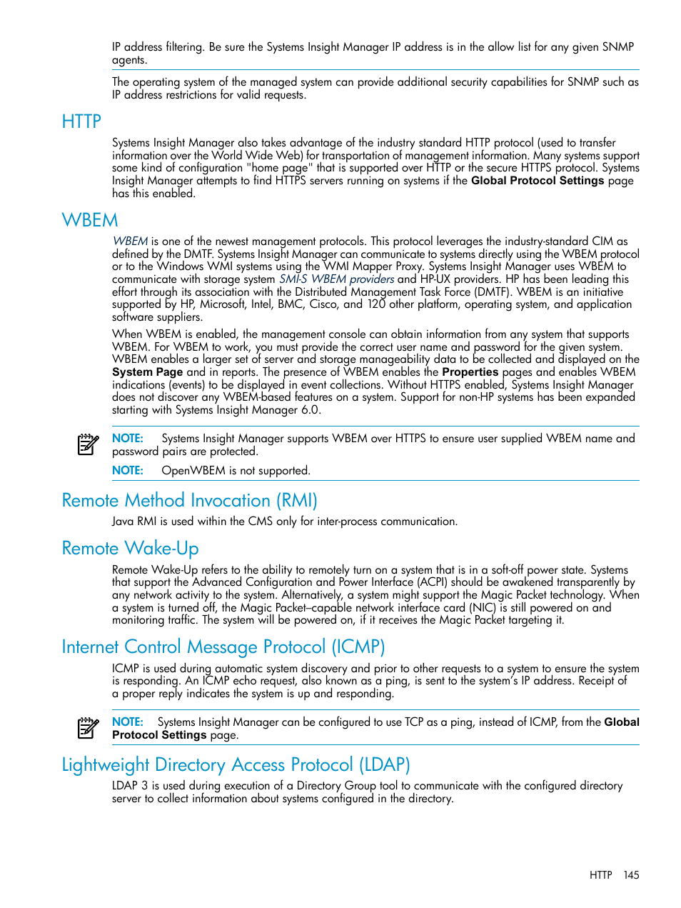 Http, Wbem, Remote method invocation (rmi) | Remote wake-up, Internet control message protocol (icmp), Lightweight directory access protocol (ldap) | HP Systems Insight Manager User Manual | Page 145 / 187