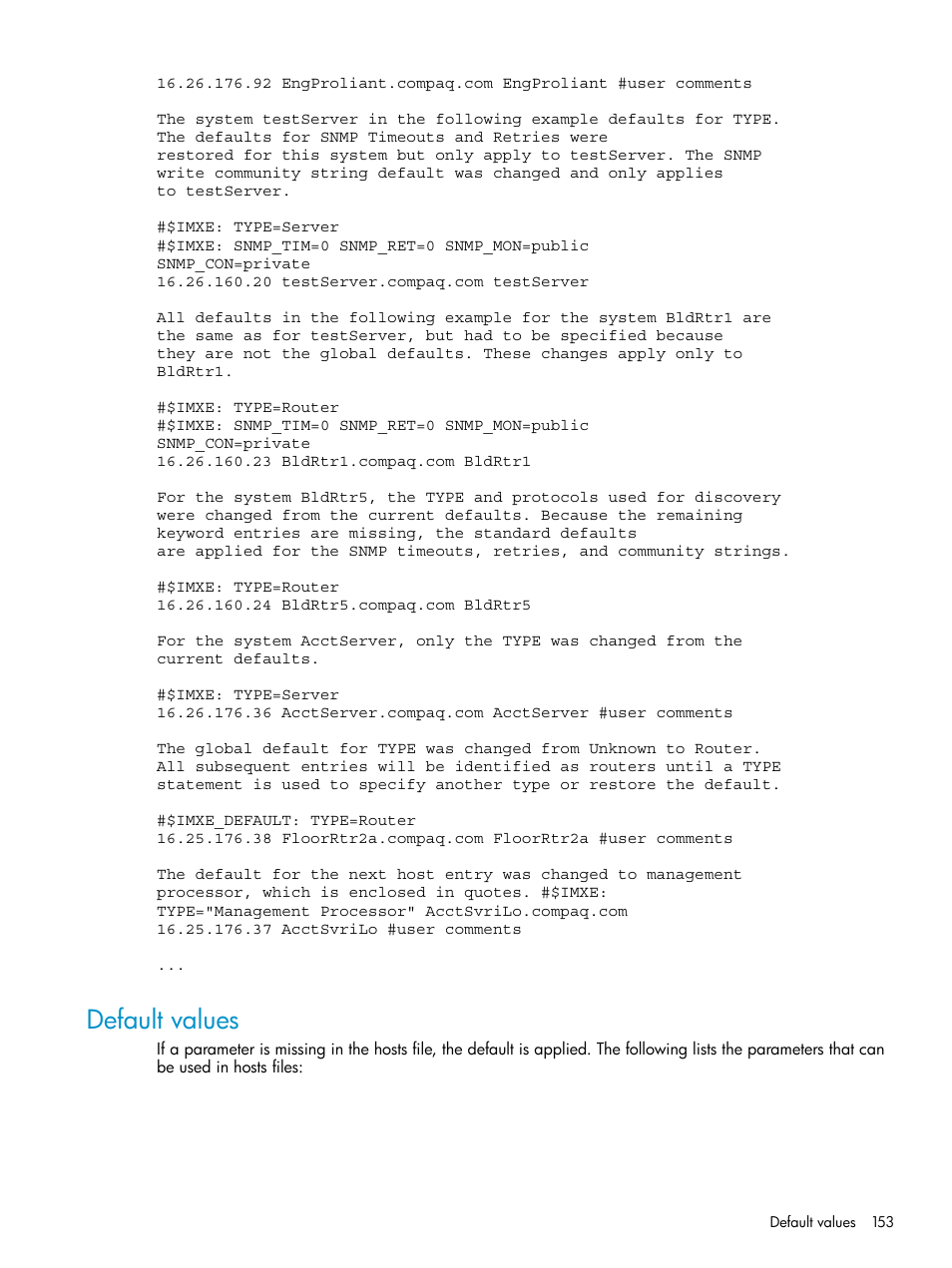 Default values | HP Systems Insight Manager User Manual | Page 153 / 187