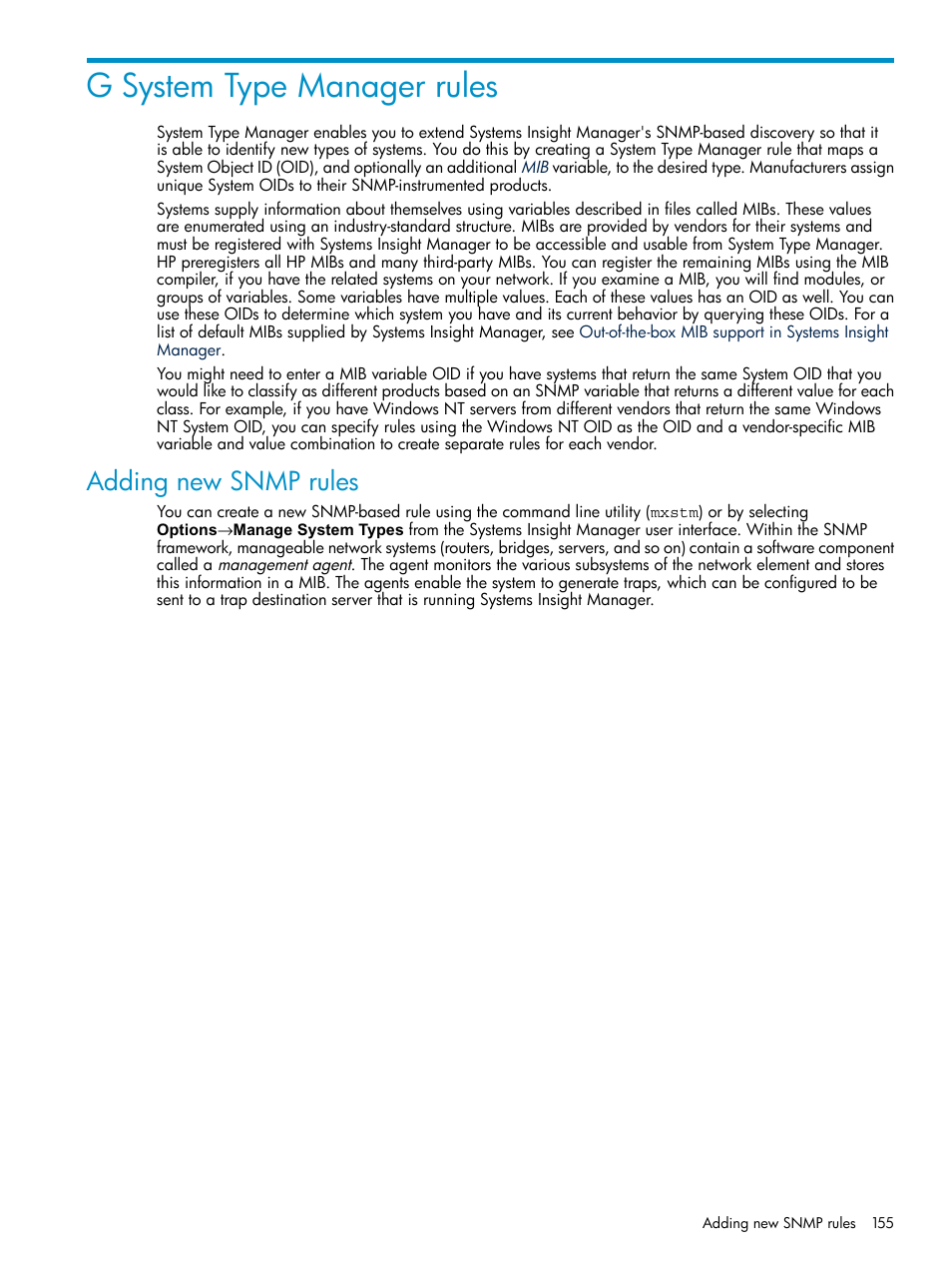 G system type manager rules, Adding new snmp rules | HP Systems Insight Manager User Manual | Page 155 / 187