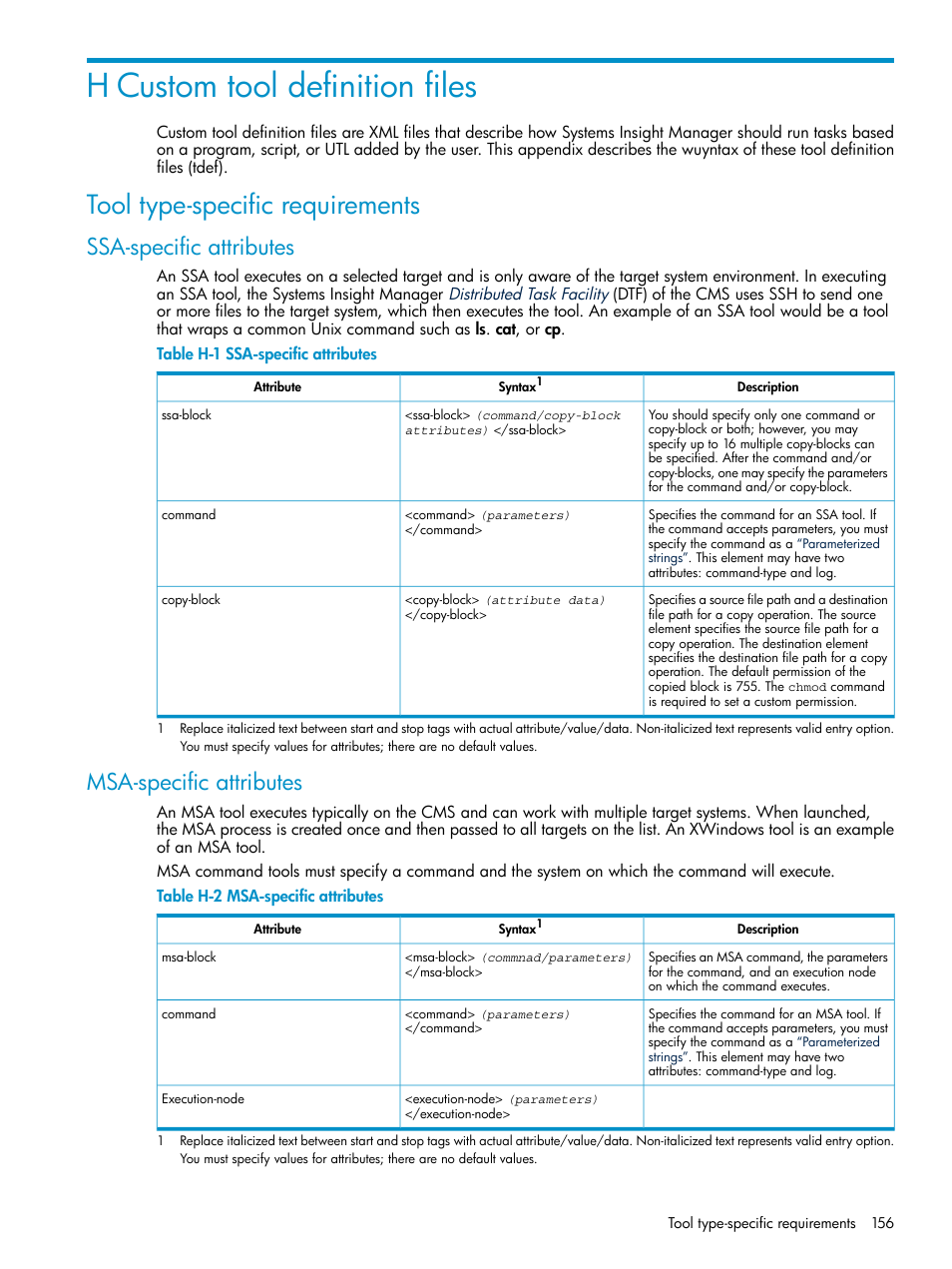 H custom tool definition files, Tool type-specific requirements, Ssa-specific attributes | Msa-specific attributes, Ssa-specific attributes msa-specific attributes, Custom tool definition files | HP Systems Insight Manager User Manual | Page 156 / 187