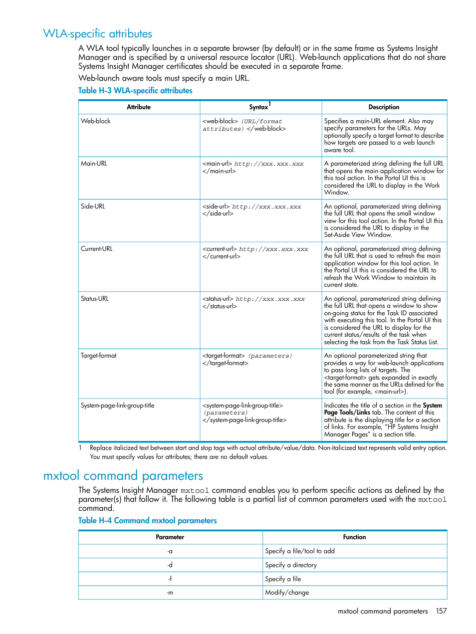 Wla-specific attributes, Mxtool command parameters, Command mxtool parameters | HP Systems Insight Manager User Manual | Page 157 / 187