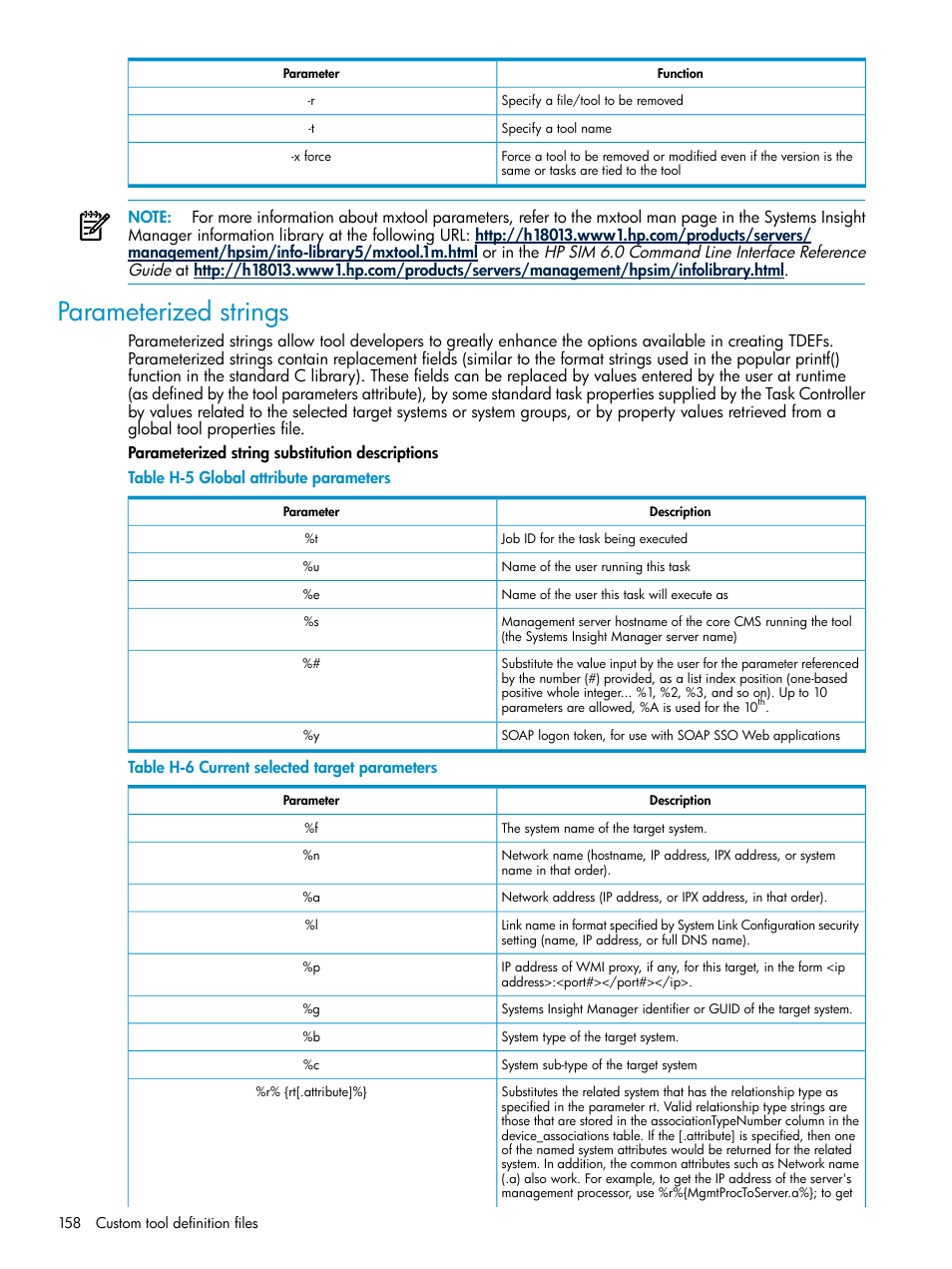 Parameterized strings, Global attribute parameters, Current selected target parameters | Parameterized, Strings | HP Systems Insight Manager User Manual | Page 158 / 187